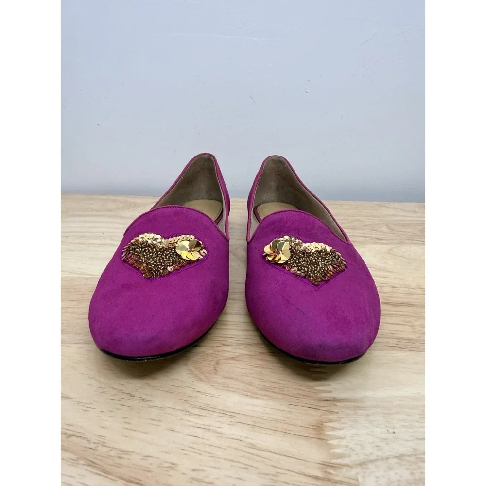 Talbots Pink Suede Flats 8M Gold Sequin Heart Loafers Leather #23 - Picture 4 of 11